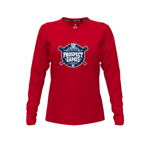 [CUS-DFW-TEES-CMF-VNK-LSL-RED-FYXS-LOGO1] Decker Comfort T-Shirt (Female Youth XS, Red, V Neck, Logo 1, Long Sleeve)