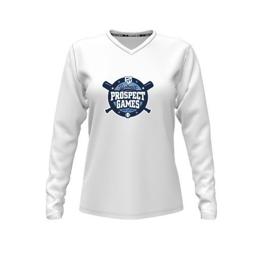[CUS-DFW-TEES-PER-VNK-LSL-WHT-FYXS-LOGO1] Performance T-Shirt (Female Youth XS, White, V Neck, Logo 1, Long Sleeve)