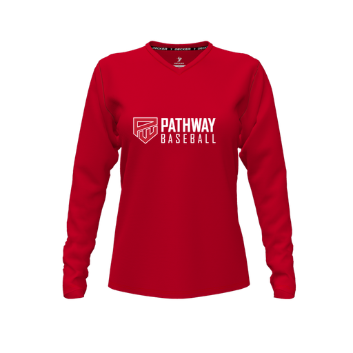[CUS-DFW-TEES-PER-VNK-LSL-RED-FYXS-LOGO2] Performance T-Shirt (Female Youth XS, Red, V Neck, Logo 2, Long Sleeve)