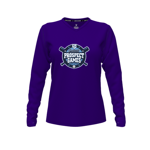 [CUS-DFW-TEES-PER-VNK-LSL-PUR-FYXS-LOGO1] Performance T-Shirt (Female Youth XS, Purple, V Neck, Logo 1, Long Sleeve)
